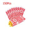 A pack of 150 disposable paper popcorn bags in red and white stripes.