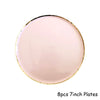 Eight 7-inch pink plates with gold rims for disposable party tableware