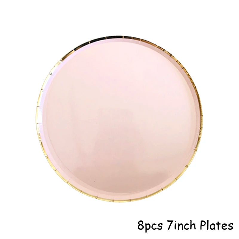Eight 7-inch pink plates with gold rims for disposable party tableware