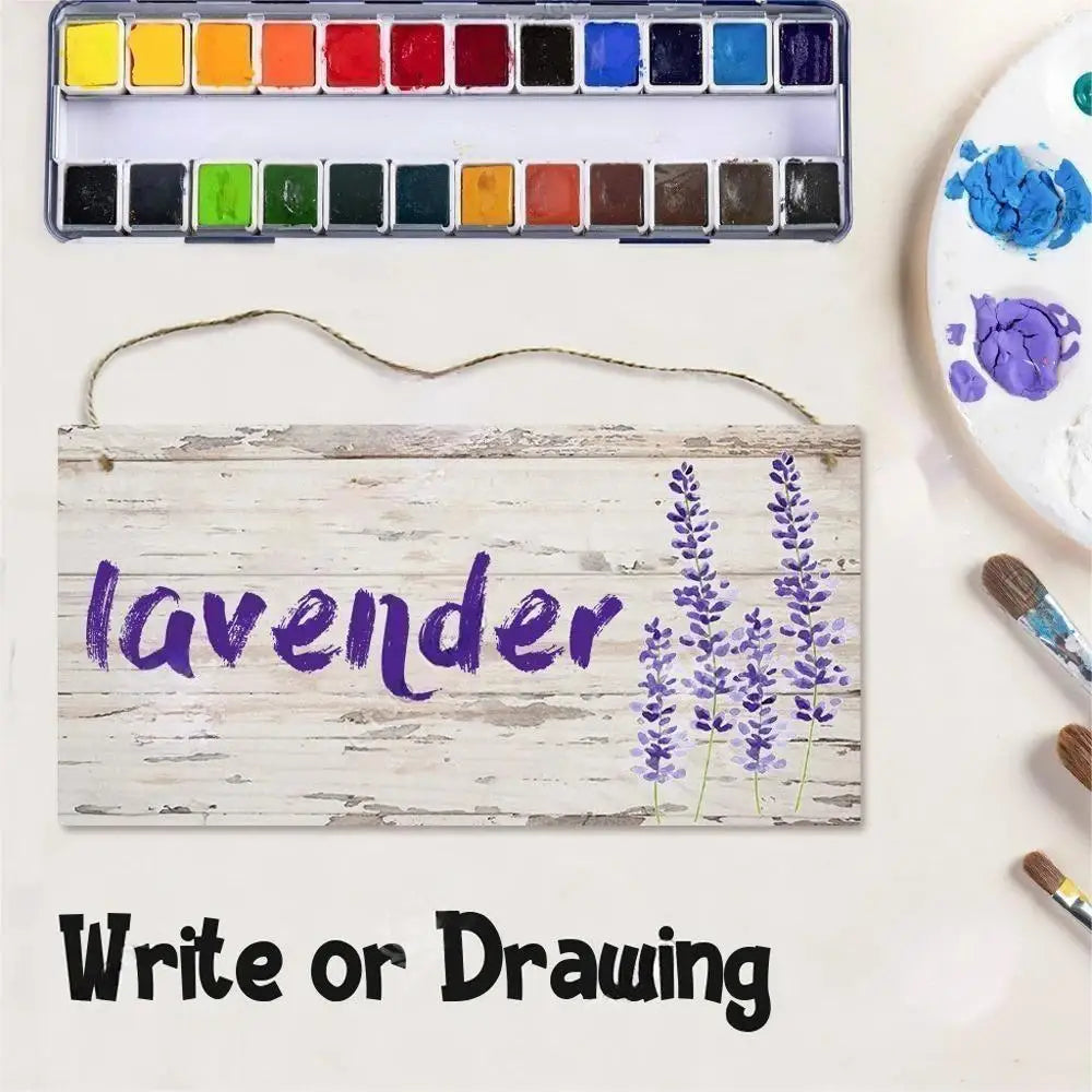 A wooden sign with the word lavender written in purple script, displayed next to a palette of paint colors.