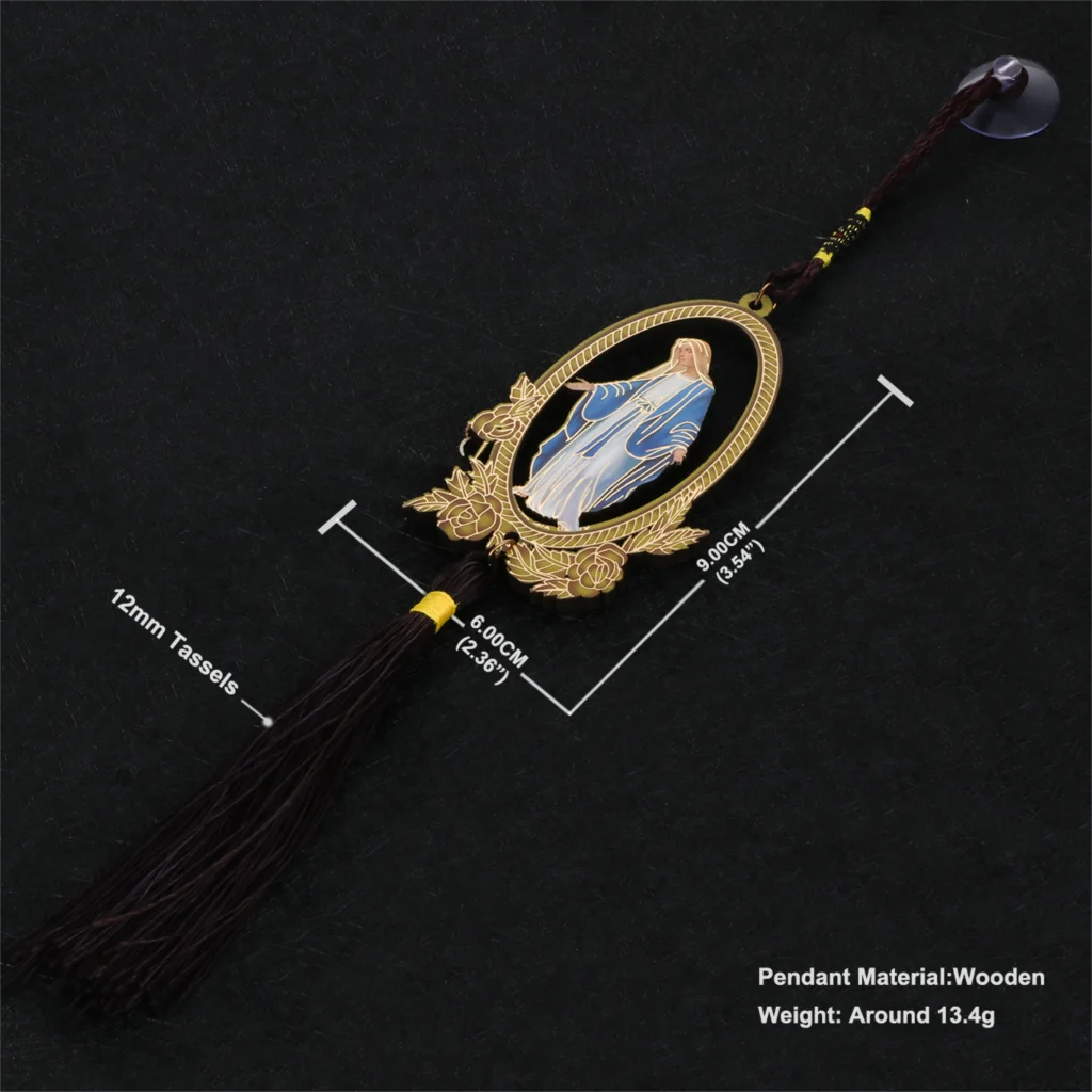 A golden wooden pendant featuring a depiction of Our Lady of Grace, suspended by a dark cord and tassel.