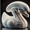 White resin statue of an alien duck with detailed texture and features.