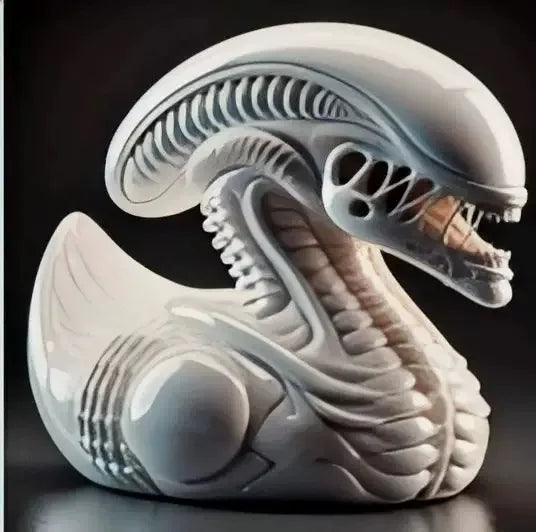 White resin statue of an alien duck with detailed texture and features.