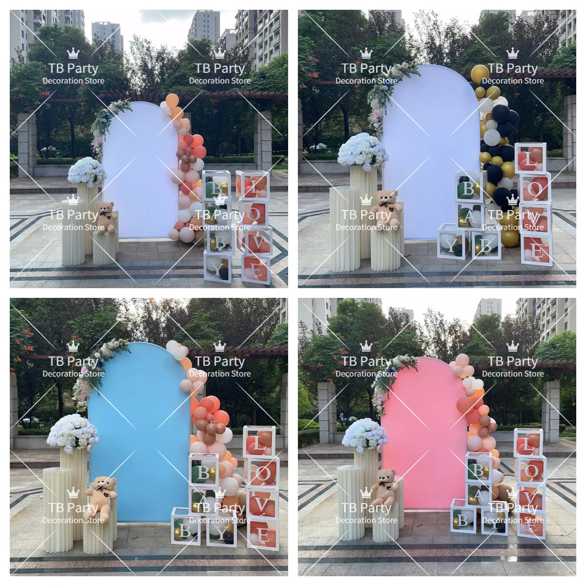 Arcos de fondo elásticos personalizables en rosa, azul y blanco para eventos
