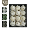 A set of twelve white and gold retro shatterproof Christmas tree ball ornaments displayed in a black box.
