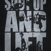 A distressed gray canvas print featuring bold black text that reads SHUT UP AND LIFT with silhouette imagery.