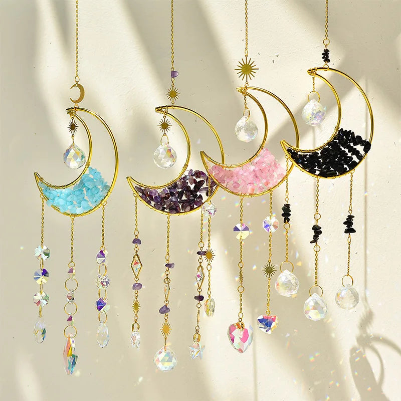 Gold moon suncatcher wind chime with prism accents featuring crescent shapes and dangling beads