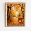 Oil painting of an autumn field landscape featuring golden trees and a wooden bench.