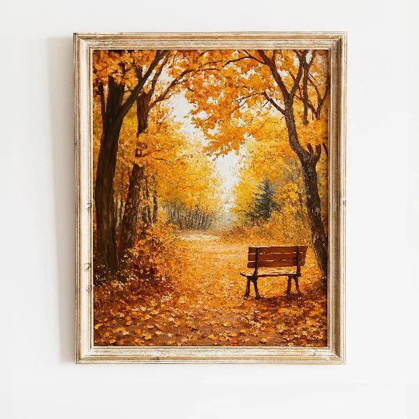Oil painting of an autumn field landscape featuring golden trees and a wooden bench.