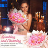A woman holds a pink rose bouquet in a festive, warm-lit setting for a bridal or charming occasion.