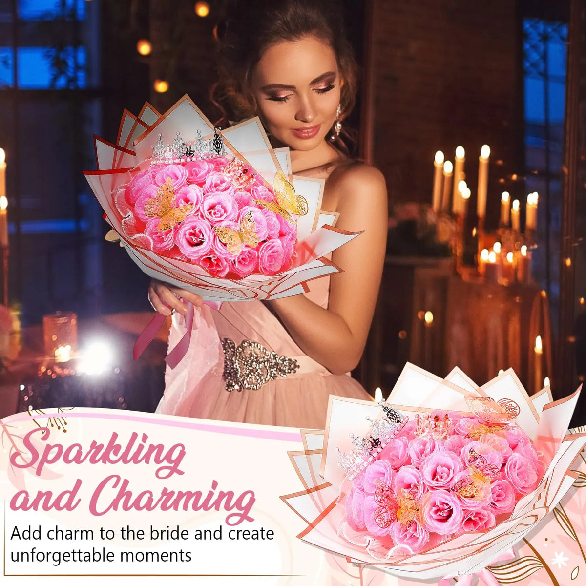 A woman holds a pink rose bouquet in a festive, warm-lit setting for a bridal or charming occasion.