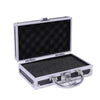 A silver aluminum storage box for a tattoo machine with reinforced corners and a hinged lid.