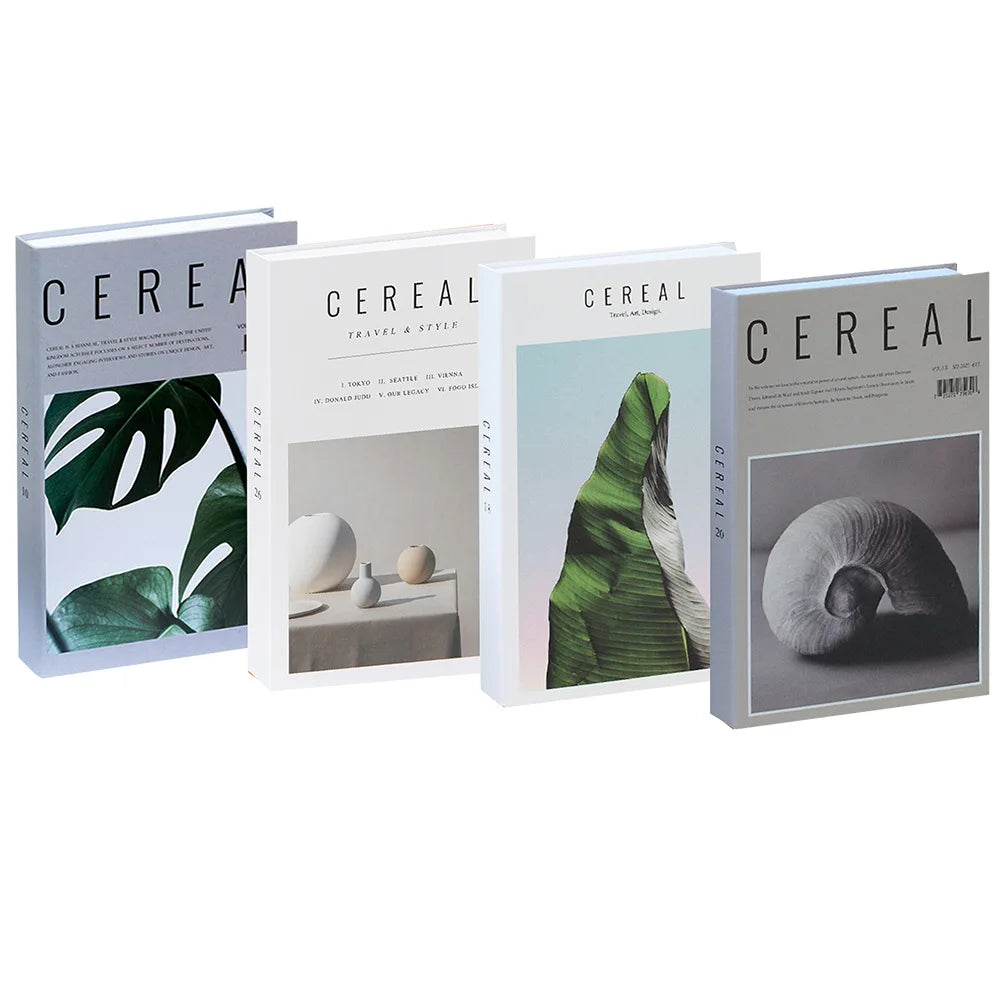 A set of three decorative faux books titled Cereal featuring botanical and natural themes.