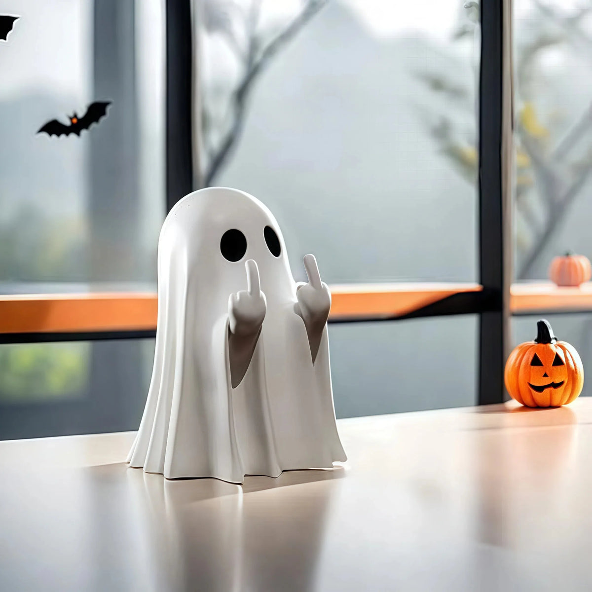 A white ghost figurine with an expressive hand gesture sits on a wooden desk near a pumpkin.