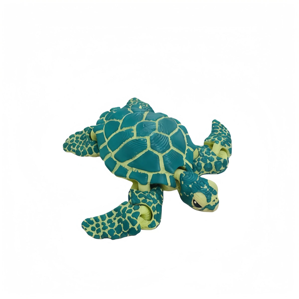 A teal and lime green 3D printed articulated turtle figurine decoration.