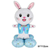 A white cartoon bunny foil balloon with pink inner ears and a blue outfit.