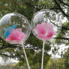 Two clear balloons filled with pink and blue flowers hanging from strings against a green tree backdrop.
