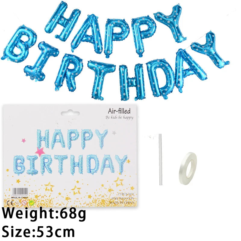 A set of 13 foil letter birthday balloons spelling out HAPPY BIRTHDAY