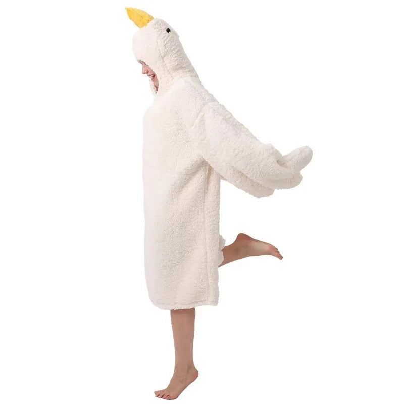 A white, fluffy cartoon goose hooded lounge robe being worn by a person.