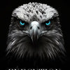 A close-up portrait of a fierce eagle with bright blue eyes against a dark background.