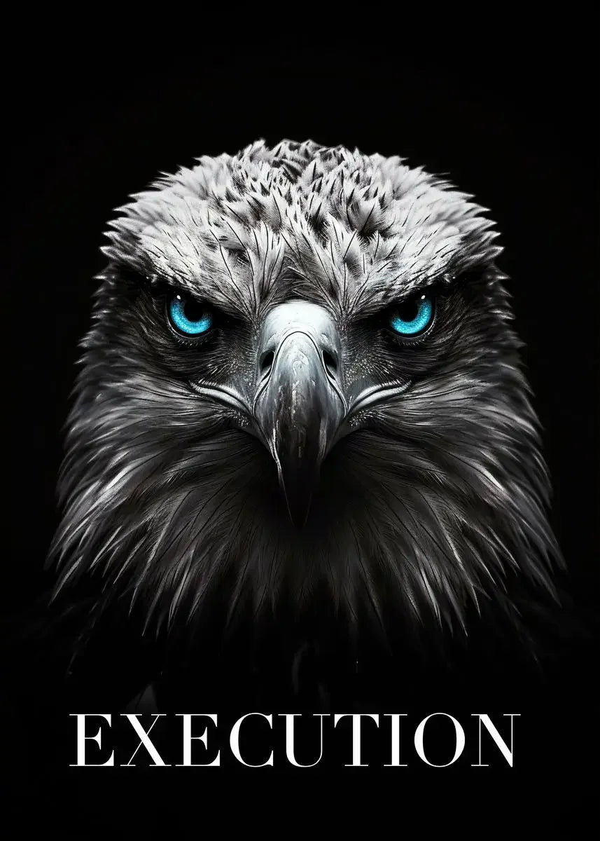 A close-up portrait of a fierce eagle with bright blue eyes against a dark background.