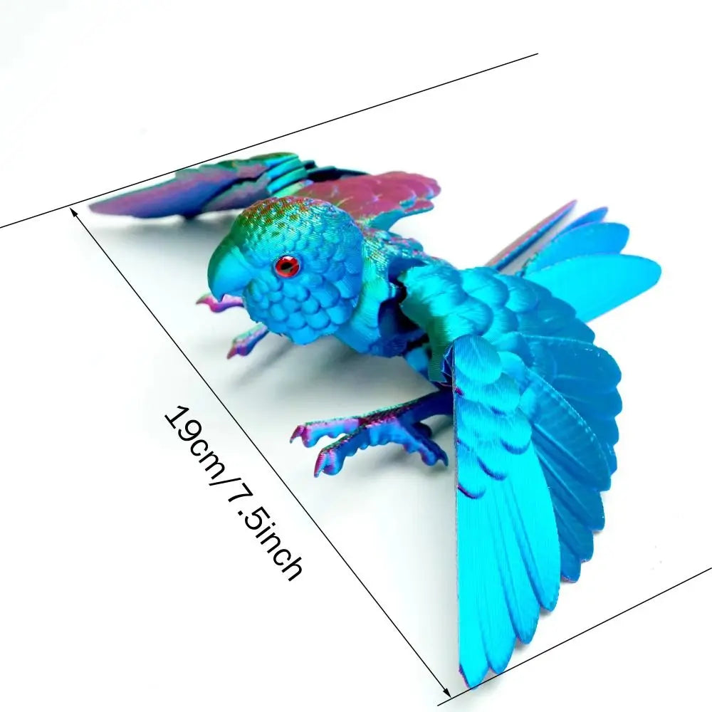 A vibrant blue and green parrot figurine with movable wings shown against a white background.