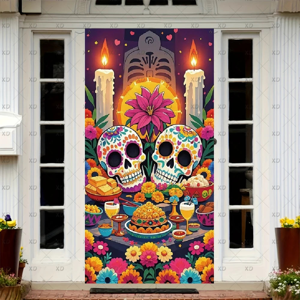 A vibrant sugar skull Dia de los Muertos door cover featuring colorful flowers and skulls.