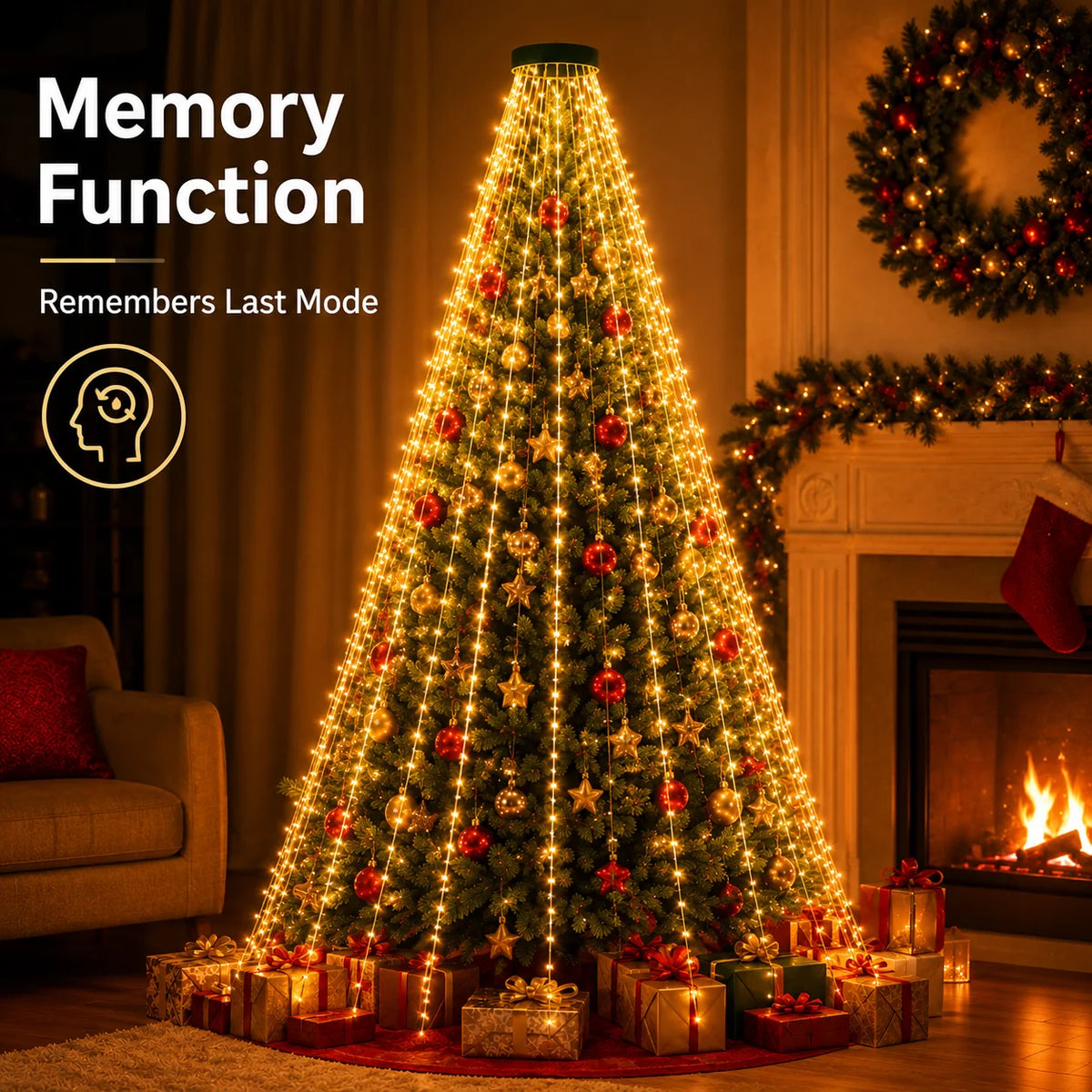 A Christmas tree decorated with warm white lights and red ornaments, displayed in a living room setting.
