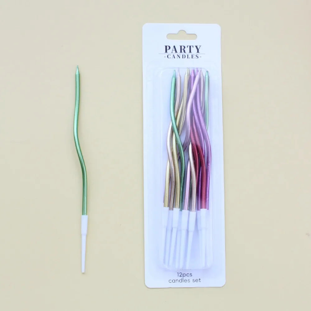 A package of 12 party candles featuring long, thin spiral birthday candles in various colors.