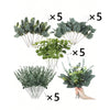 A collection of artificial eucalyptus leaf stems in various shades of green, presented with multiple groupings.