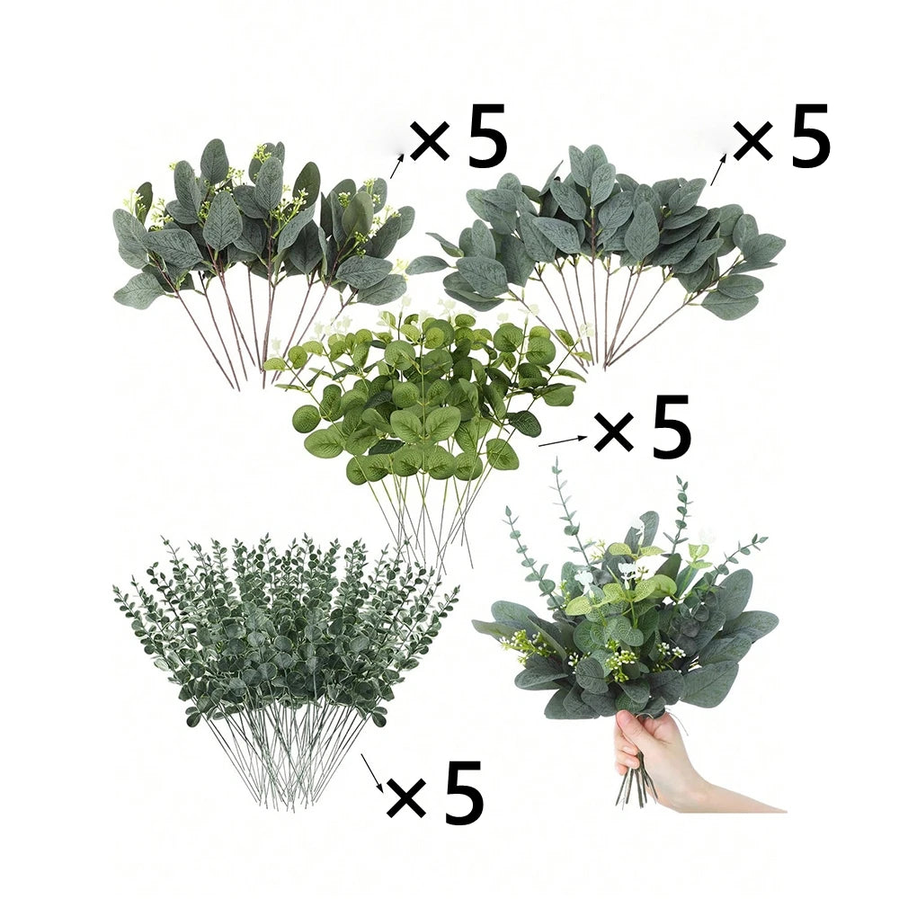 A collection of artificial eucalyptus leaf stems in various shades of green, presented with multiple groupings.