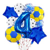 A collection of blue and yellow football shaped foil balloons for birthday party decorations