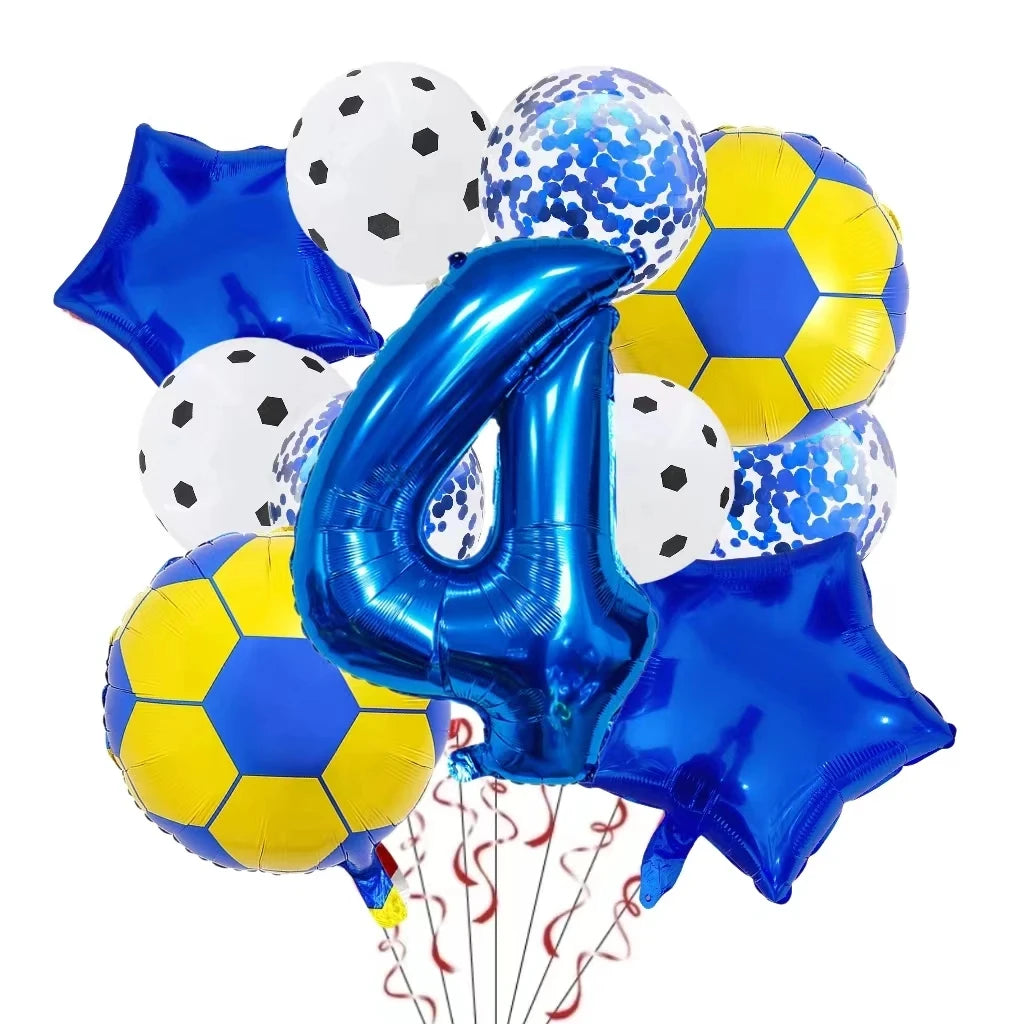 A collection of blue and yellow football shaped foil balloons for birthday party decorations