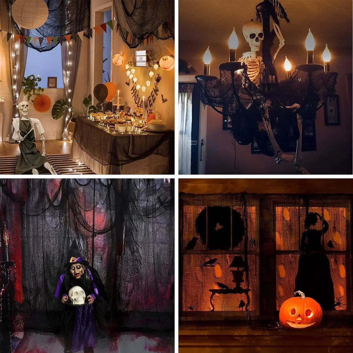 A dark, spooky Halloween decor display featuring a skeleton, pumpkins, and draped black gauze cloth.