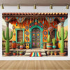 A vibrant Mexican carnival theme backdrop banner featuring a colorful adobe facade and ornate wooden doorway surrounded by ca
