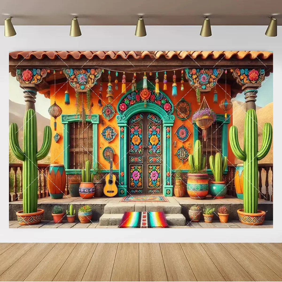 A vibrant Mexican carnival theme backdrop banner featuring a colorful adobe facade and ornate wooden doorway surrounded by ca