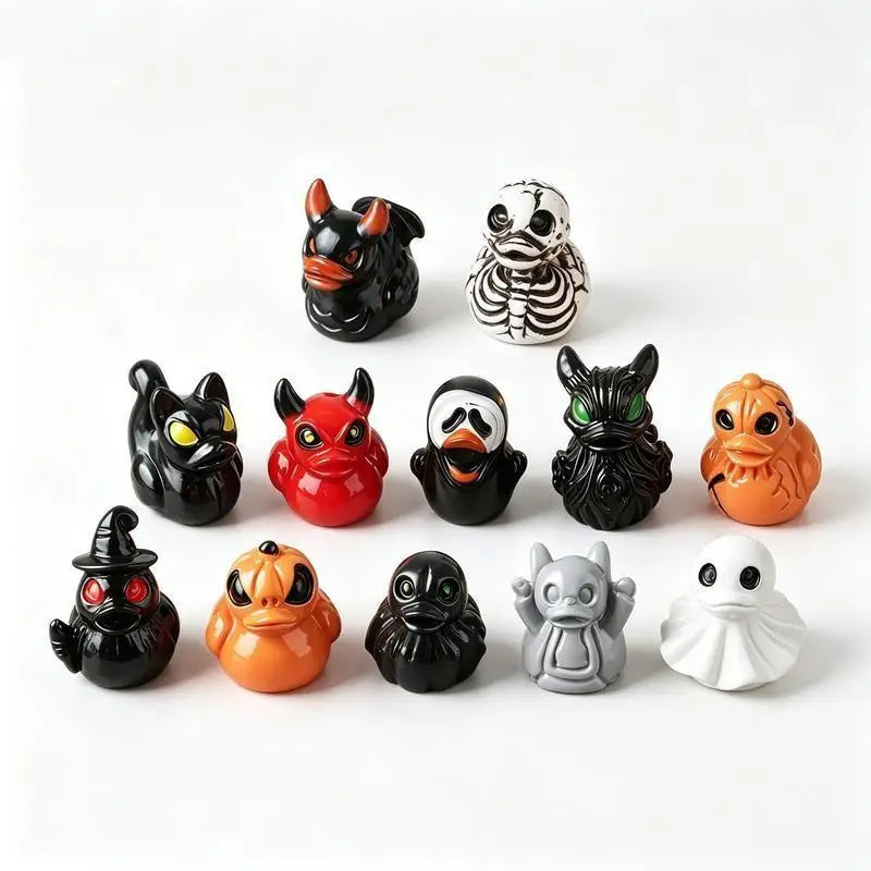 A collection of quirky mini resin duck figurines featuring spooky designs and various animal faces.