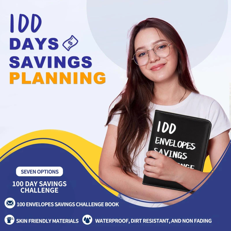 A woman holds a black binder titled IDD Envelopes Savings Planning with various savings challenge options visible.