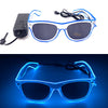 Pair of light up EL wire party glasses with blue glow displayed against a dark background.