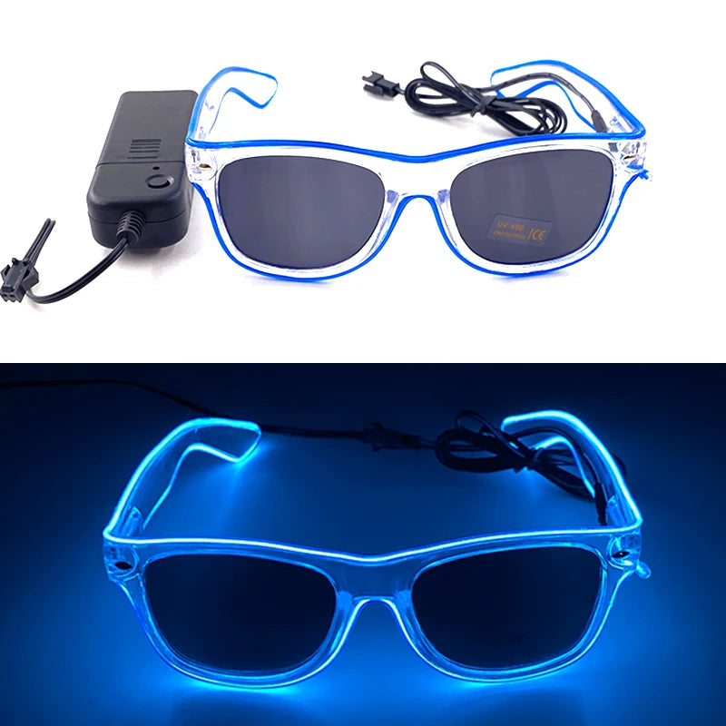 Pair of light up EL wire party glasses with blue glow displayed against a dark background.