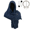 Dark blue hooded cloak cape with fringed edges and a silver Viking brooch