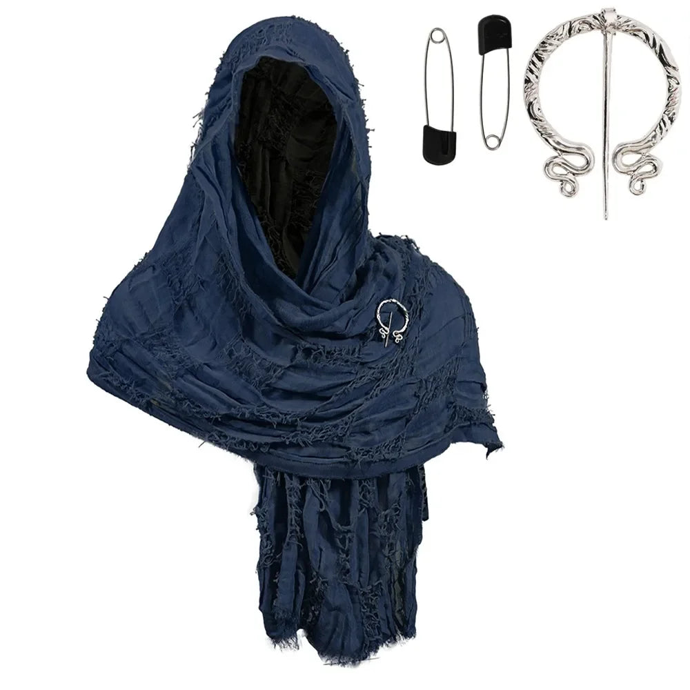 Dark blue hooded cloak cape with fringed edges and a silver Viking brooch