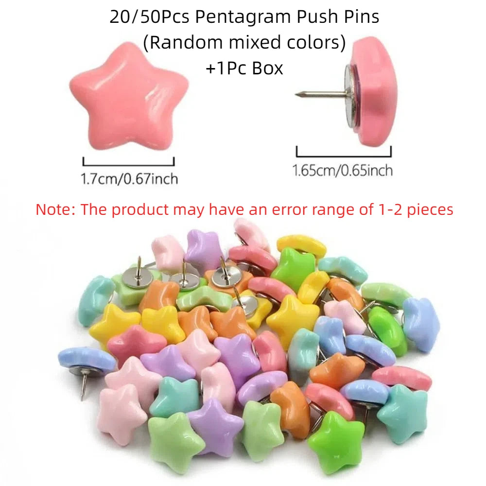 A pile of pink, green, and purple pentagram push pins with a box and a single pin shown.