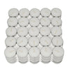 A grid of small white tealight candles packaged in a clear plastic tray.