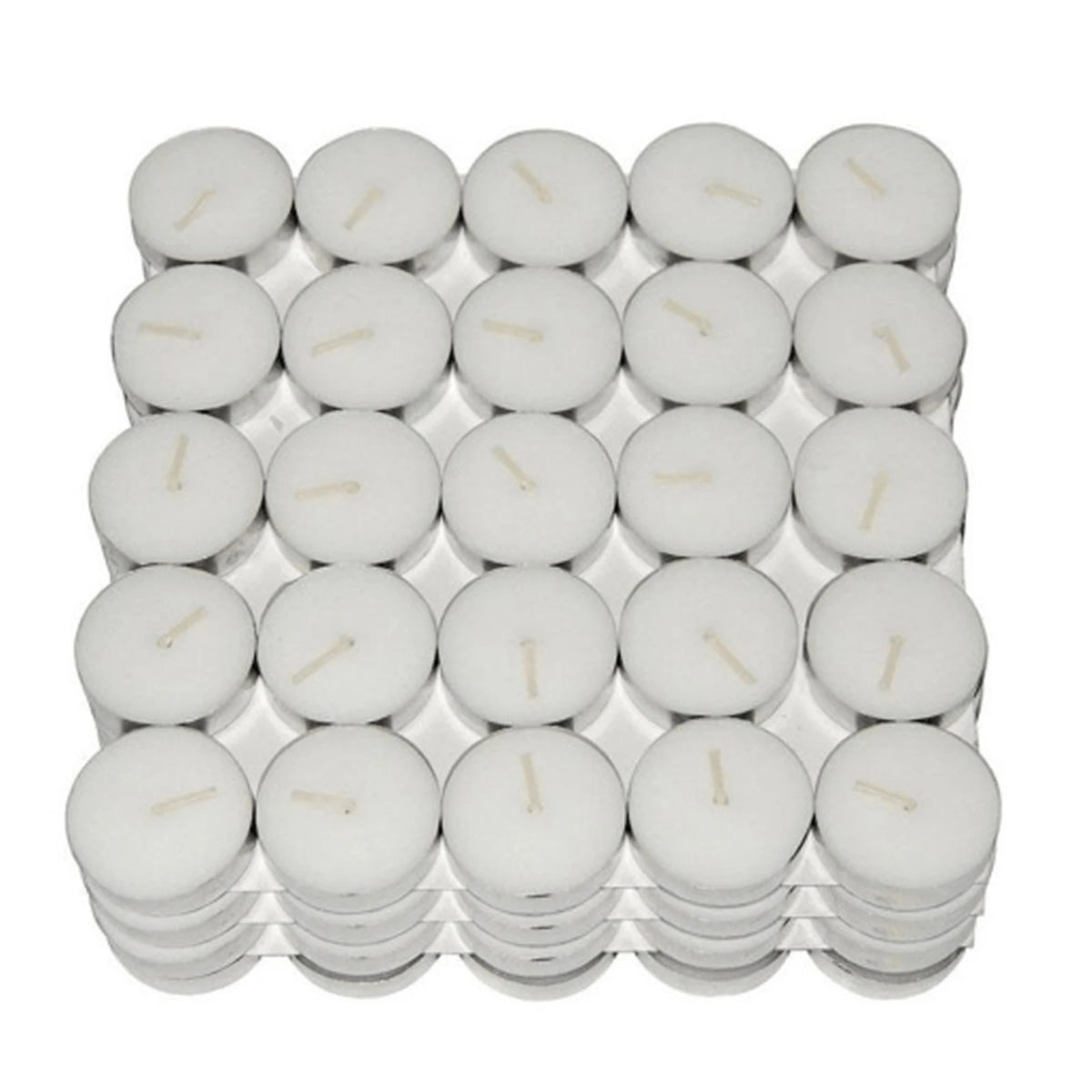 A grid of small white tealight candles packaged in a clear plastic tray.