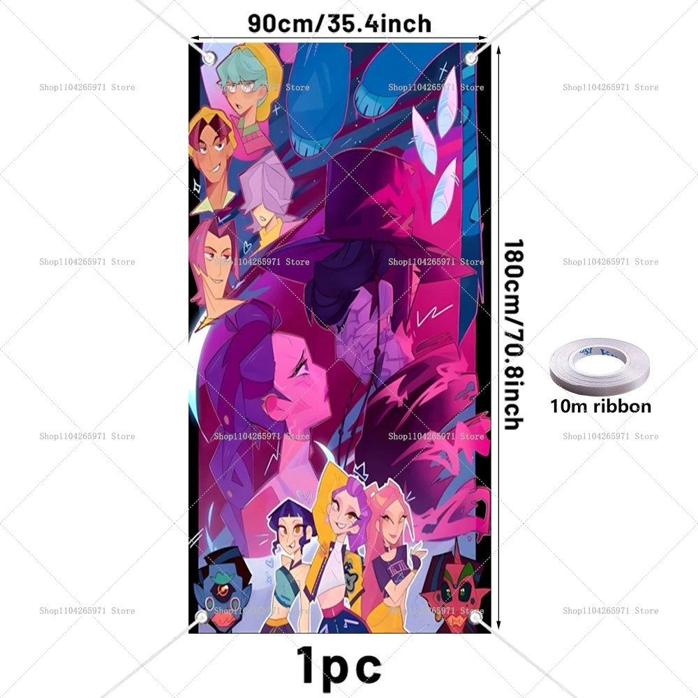 A vertical anime backdrop featuring several characters in vibrant colors and a purple background with a ribbon.