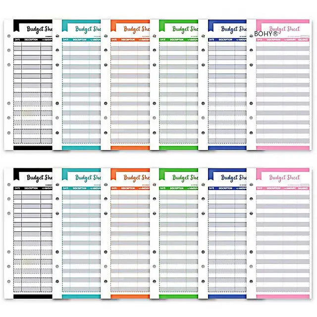 A6 PU Leather Budget Planner Binder with cash envelopes and expense sheets in various colors