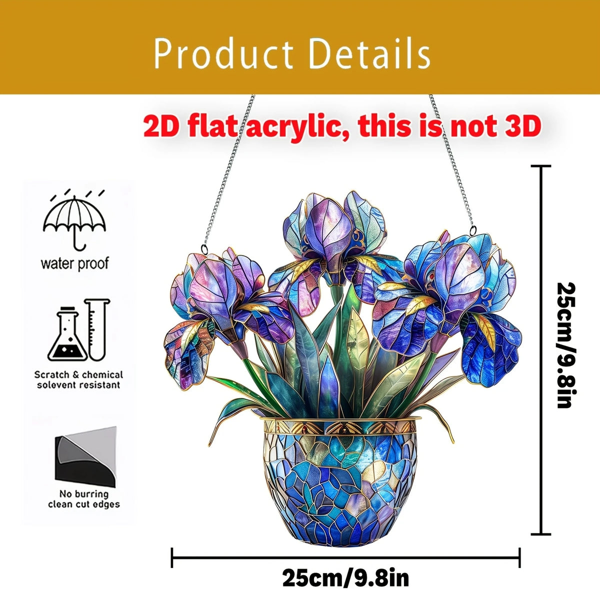 2D flat acrylic floral pendant featuring purple and blue flowers displayed in a pot with a chain.