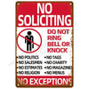 A vintage red and white sign with bold text prohibiting soliciting, ringing bells or knocking, politics, salesmen, charity, e