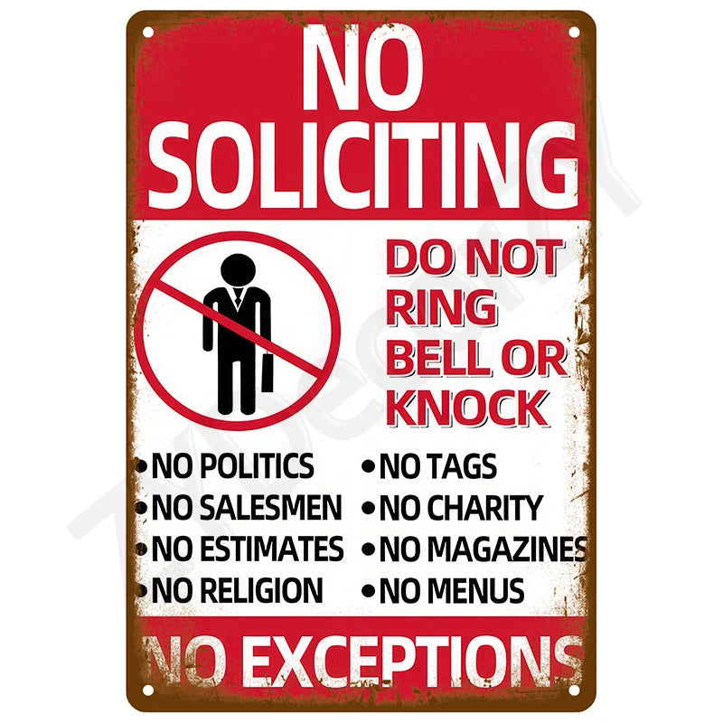 A vintage red and white sign with bold text prohibiting soliciting, ringing bells or knocking, politics, salesmen, charity, e